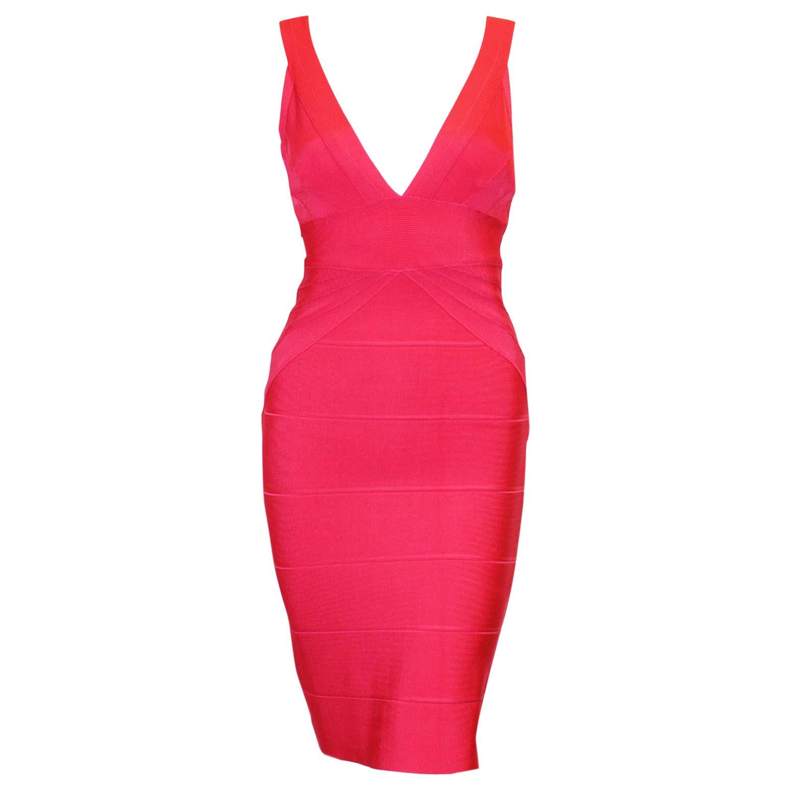 New Herve Leger Hot Pink Bandage V Neck ...